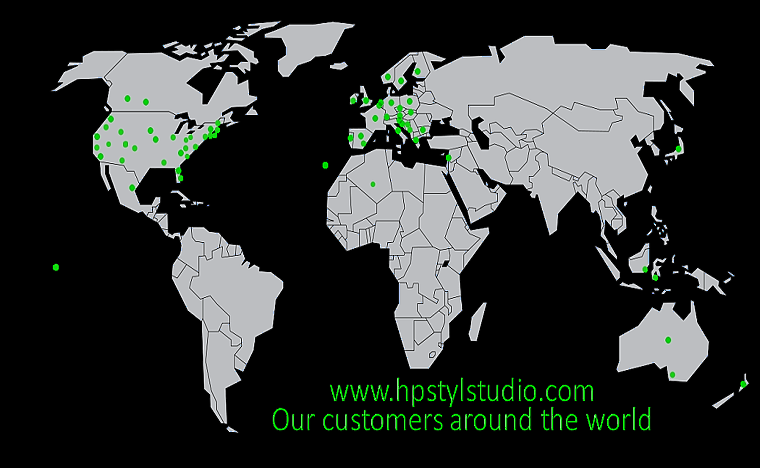 Mapa světa se značkami míst, kde mají HPstylstudio své zákazníky